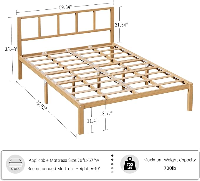 14 Inch Bamboo Bed Frame – Solid Wood Platform Bed Frame, Strong and Stable, with Non-Slip Slats for Support, No Box Spring Needed, Easy to Assemble, Noise-Free (Natural, Queen with Headboard)