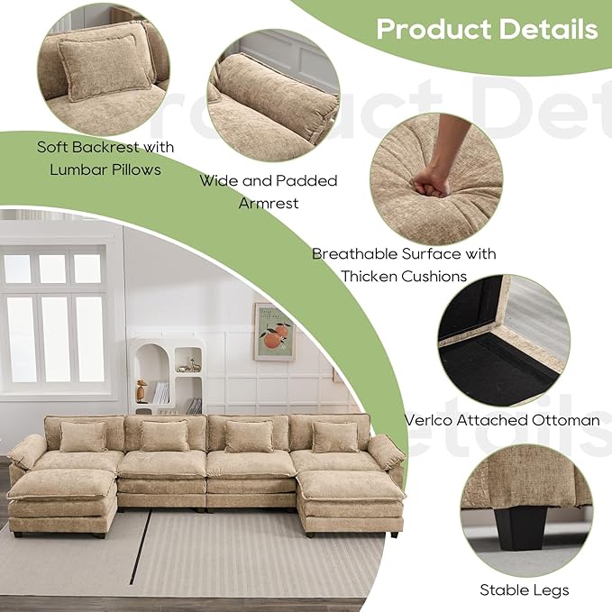 154" Modular Sectional Sofa, Comfy Cloud Couch Sectional Sofa with Ottoman, Chenille Sofa Sleeper Deep Seat Sofa with Throw Pillows for Living Room (Khaki, 154"- U Shape)