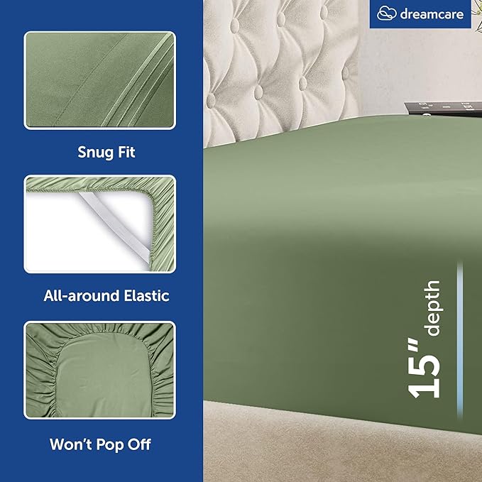 DREAMCARE Queen Size Sheets - Cooling Bed Sheets - 4pcs Set - up to 15" Deep Pocket Queen Sheet Set - Sheets Queen Size Bed - Soft & Long Lasting 100% Fine Microfiber with Side Pocket - Sage Green DREAMCARE