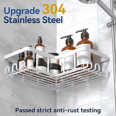 YASONIC Corner Adhesive Shower Caddy, with Soap Holder and 12 Hooks, Rustproof Stainless Steel Bathroom Organizer, No Drilling Wall Mounted Rack, White, 3-Pack