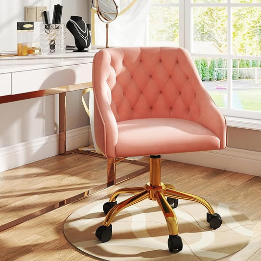 MOJAY Modern Mid-Back Tufted Velvet Office Chair, Swivel Height-Adjustable Home Desk Chair,Cute Velvet Soft Seat Vanity Chair with Rivet and Arm Support (Sherpa-Pink)