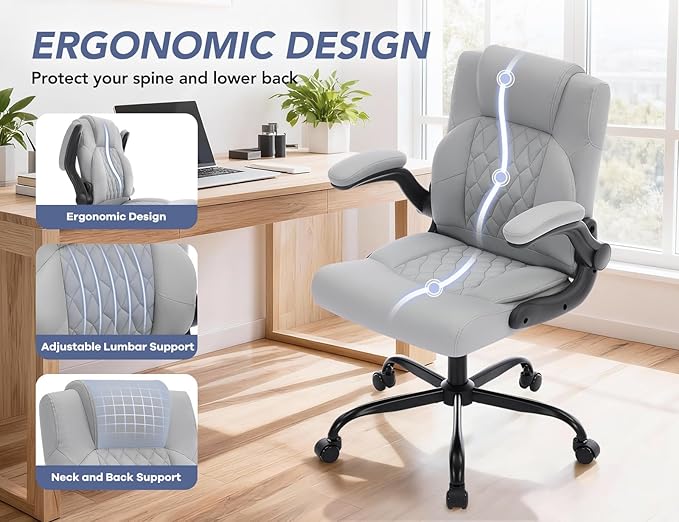 Office Chair with Adjustable Inflatable Lumbar Support,Leather Ergonomic Computer Desk Chair with Flip-up Arms,Adjustable Tilt Lock,Swivel Rolling Executive PC Chair for Work,Study,Meeting.Grey