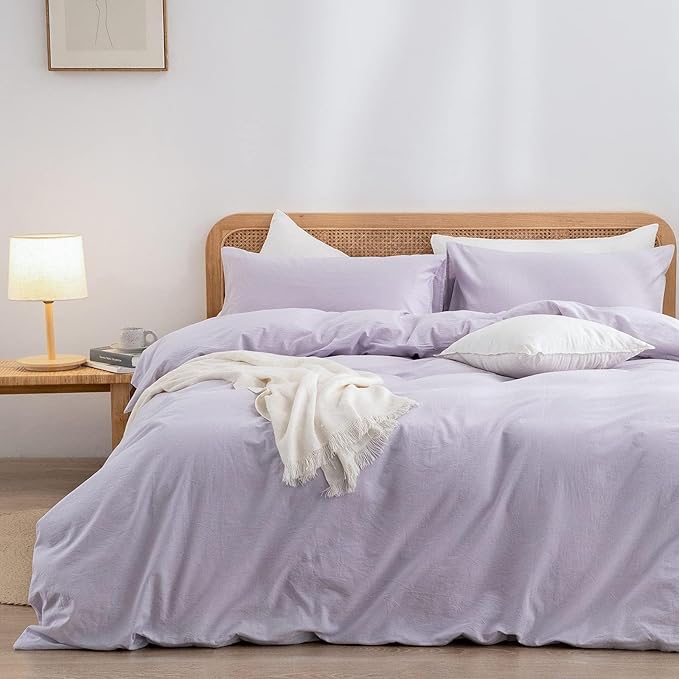BESTOUCH Duvet Cover Set 100% Washed Cotton Linen Feel Super Soft Comfortable Chic Lightweight 3 PCs Home Bedding Set Solid Taro Purple Alaska King