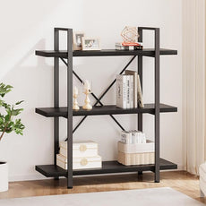 HSH 3 Tier Black Bookshelf, Industrial Small Metal Wooden Storage Book Shelves, Modern Open Low 3 Shelf Bookcase and Display Etagere, Vertical Book Shelf for Bedroom Living Room Office, Black Oak