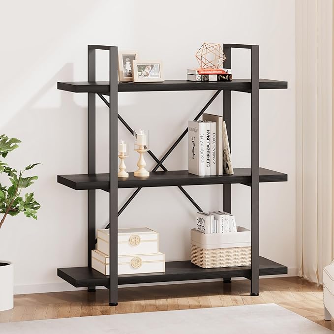 HSH 3 Tier Black Bookshelf, Industrial Small Metal Wooden Storage Book Shelves, Modern Open Low 3 Shelf Bookcase and Display Etagere, Vertical Book Shelf for Bedroom Living Room Office, Black Oak