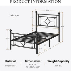SHA CERLIN 14 Inches Twin Size Metal Platform Bed Frame/Vintage Iron-Art Headboard and Footboard/Mattress Foundation for Storage/No Box Spring Needed/Noise-Free/Easy Assembly/Black
