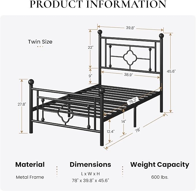 SHA CERLIN 14 Inches Twin Size Metal Platform Bed Frame/Vintage Iron-Art Headboard and Footboard/Mattress Foundation for Storage/No Box Spring Needed/Noise-Free/Easy Assembly/Black
