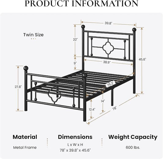 SHA CERLIN 14 Inches Twin Size Metal Platform Bed Frame/Vintage Iron-Art Headboard and Footboard/Mattress Foundation for Storage/No Box Spring Needed/Noise-Free/Easy Assembly/Black