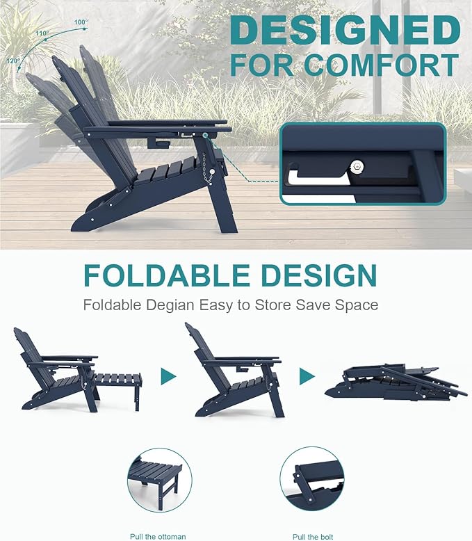 FOOWIN Adjustable Adirondack Chair with Retractable Ottoman Set of 4, Folding Adirondack Chair with Cup Holder, HDPE All-Weather Fire Pit Chair for Patio, Yard, Poolside, Navy Blue