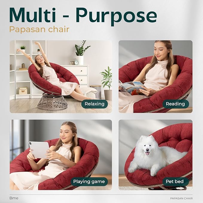Bme 40" Ergonomic Wicker Papasan Chair with Soft Thick Density Fabric Cushion, High Capacity Steel Frame, 360 Degree Swivel for Living, Bedroom, Reading Room, Lounge, Cherry Sangria-Brown Base
