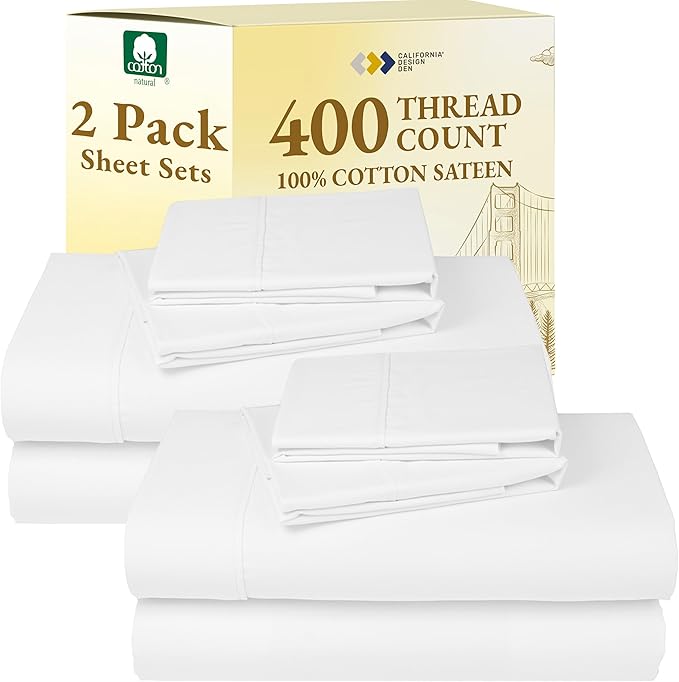 California Design Den 2-Pack 100% Cotton King Size Sheets Set 400 Thread Count Sateen - Soft and Breathable Sheets, 2 Sets of Deep Pocket Bed Sheets - Antique White CaliforniaDesignDen