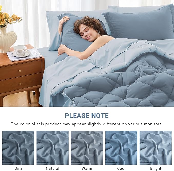 MUXHOMO 7 Pieces Full Comforter Set, Reversible Bed in a Bag Full Size, All Season Bedding Set with Comforter, Flat Sheet, Fitted Sheet, Pillowcases & Shams, Mineral Blue & Light Blue