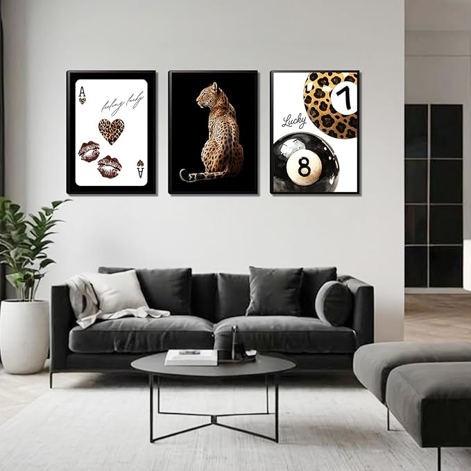 Trendy Leopard Wall Art Set of 3，Funky Lucky 8 Ball Wall Decor Paintings，Cheetah Preppy Room Posters Prints Pictures for Bedroom Living Room 12x16 inch Framed