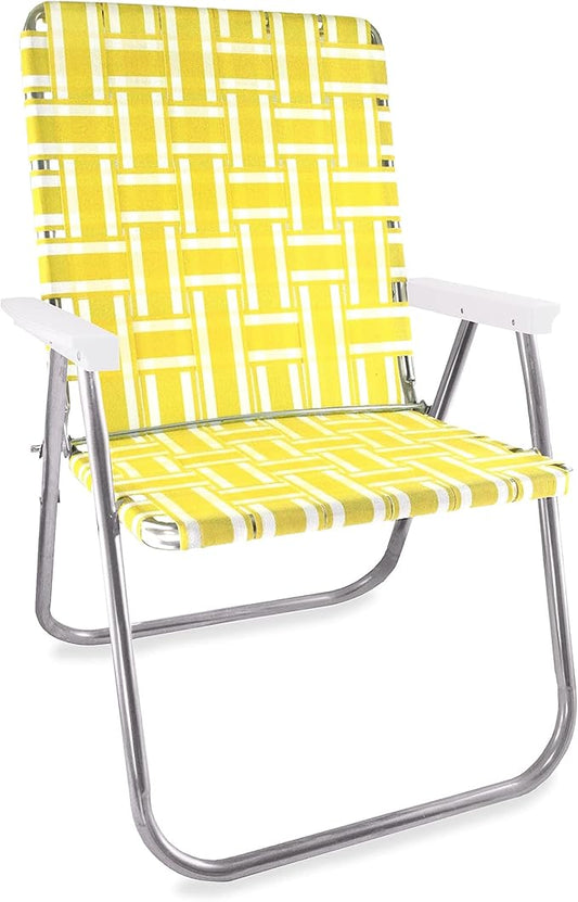 Lawn Chair USA Folding Aluminum Outdoor Patio Lawn Chair | Heavy-Duty Webbed Chairs for Camping, Sports, Beach, Yard & Tailgating | Lightweight Portable | Magnum - Yellow and White with White Arms