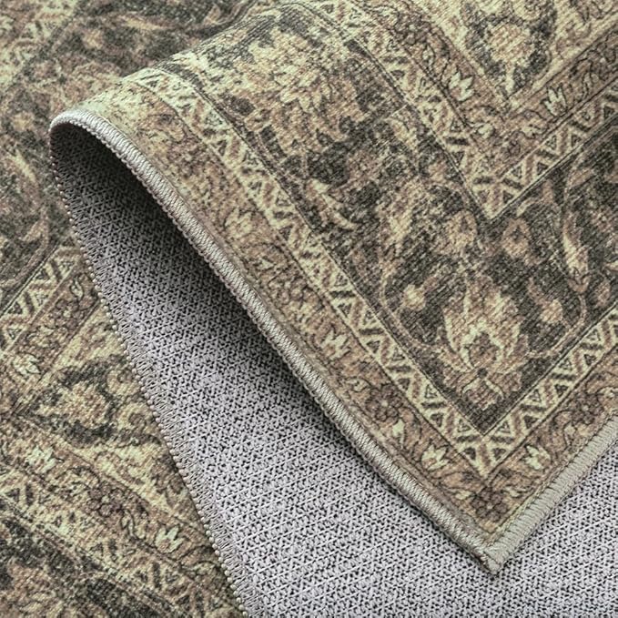 2x12 Washable Brown Runner Rug Vintage Hallway Kitchen Carpet Non-Slip Soft Low Pile Distressed Throw Rug for Bedroom Bathroom Laundry Living Room