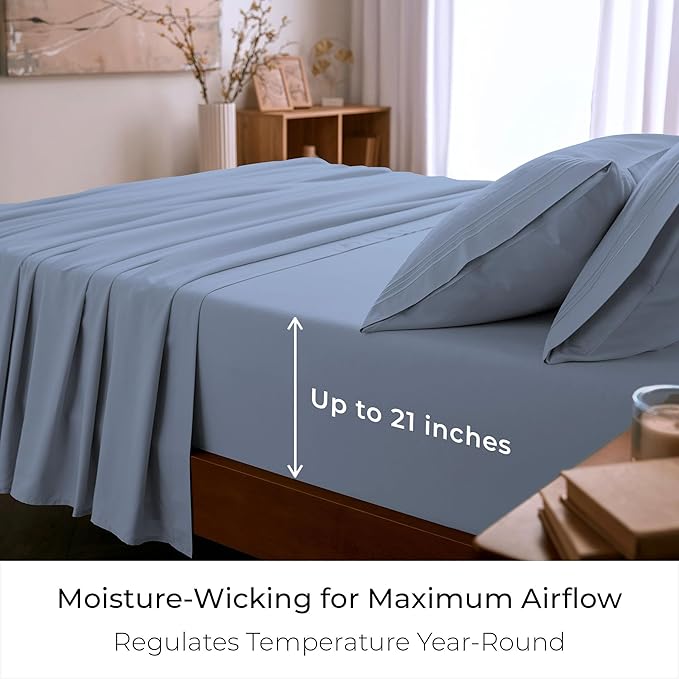 Mellanni Queen Sheet Set - 6-Piece Iconic Collection Bedding, (Including 4 Pillowcases), 21-Inch Extra Deep Pocket, Easy Care, Ultra Soft, Cooling Sheets, Brushed Microfiber - Sky Blue