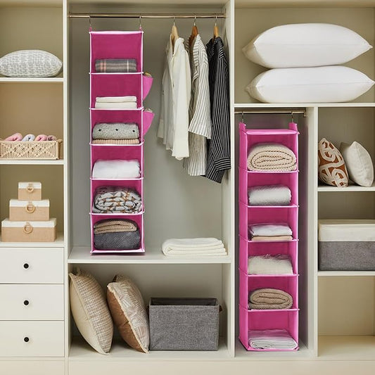 YOUDENOVA Hanging Closet Organizer and Storage, 6-Shelf Closet Hanging Storage Shelves, Light Pink