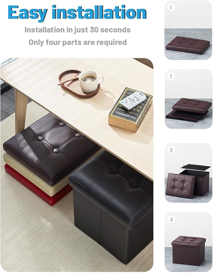 AmasSmile Storage Ottoman Folding Foot Rest Stool, Leather Footstool Bench, Short Ottoman Stool, Storage Foot Rest Store, Books (Brown, 17" D x 13" W x 13" H)