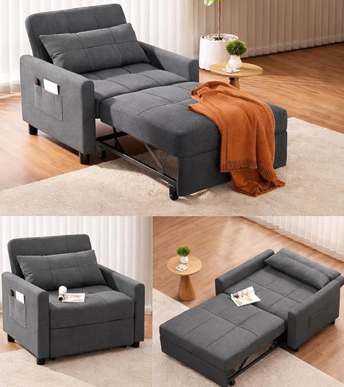 Ahomly Convertible Sofa Bed, 3-in-1 Multi-Functional Sleeper Chair Bed, Adjustable Backrest Recliner with Modern Linen Fabric for Living Room Bedroom Apartment Small Space, Dark Grey