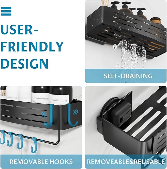 Onemake Suction Cup Shower Caddy, Suction Shower Shelf with Portable Hooks, Bath Organizer with Towel Bar for Bathroom Storage(Matte Black)