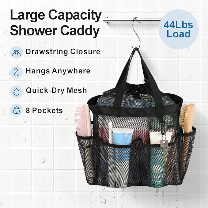 F-color Mesh Shower Caddy Portable with Drawstring - Upgrade Deeper 7 Pockets Dorm Room Essentials for Guys Girls with S Hook, Shower Bag Basket Tote for College Camping Gym Toiletry Bathroom, Black