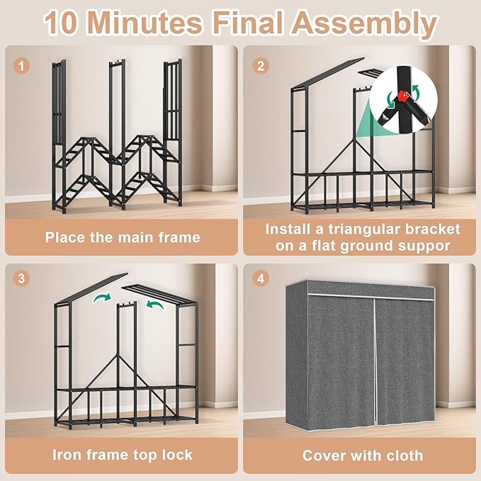 95.7" Wide Wardrobe Portable Closet with Cover, Heavy Duty Stainless Steel Clothes Rack with Hanging Rails and Shelves, Large Storage Cabinet for Bedroom