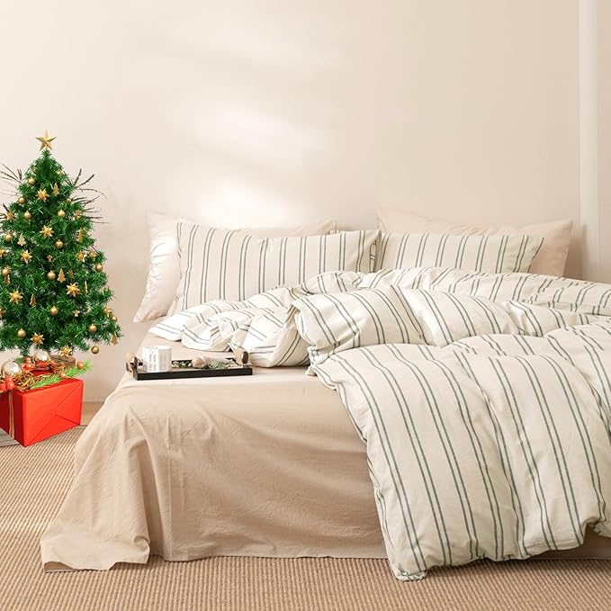 VM VOUGEMARKET Striped Duvet Cover Set Queen Beige 100% Washed Cotton Bedding Set,Grey Vertical Ticking Stripes Pattern Comforter Cover with Zipper Closure (3pcs, Queen Size)