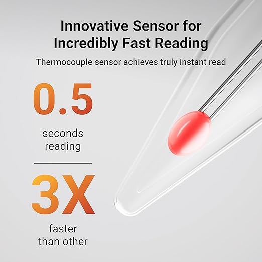 Professional Meat Thermometer Digital, Ultra-Fast 0.5 Sec Instant Read, NIST Certified ±0.5°F Accuracy, IP67 Waterproof, Auto-Rotating Backlit Display, Lift-to-Wake, for BBQ/Candy, Orange&Gray