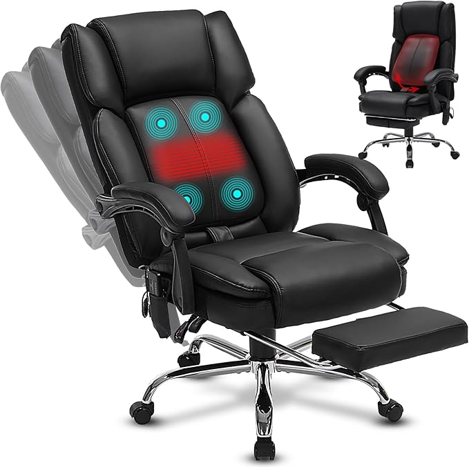 Massage Office Chair with Heat,Executive Desk Chairs with Foot Rest, Reclining Chair Big and Tall for Heavy People,4 Points Vibration 500lbs,Adjustable Lumar Support Black