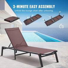 VEVOR Chaise Lounge Chair Outdoor, Aluminum Patio Lounge Chairs with Adjustable 5-Position, Folding Pool Chairs Recliner and Full Flat Tanning Chair for Patio, Beach, Pool, Brown