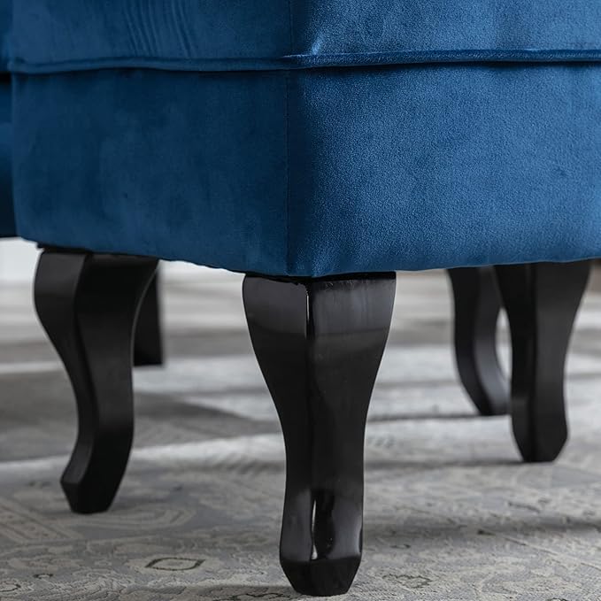 Mid-Century Accent Chair with Ottoman Modern Button Tufted Armchair Wingback Club Chair Velvet Single Sofa Lounge Chair with Pillow for Living Room Bedroom, Blue