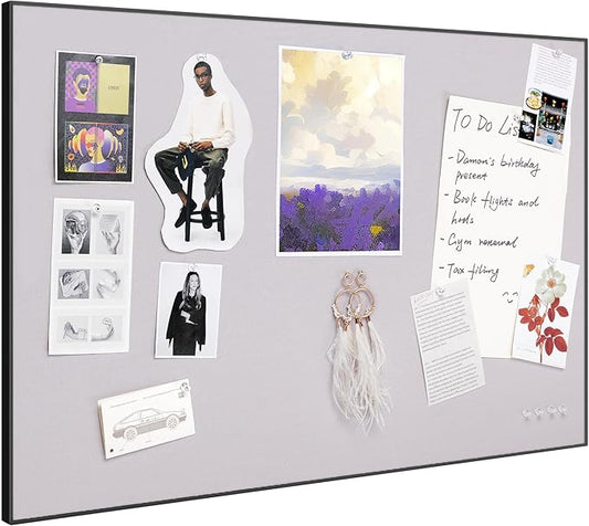 Bulletin Board 30 x 20 inches, Lavender Gray Pin Board, Black Aluminum Framed Fabric Cork Board with 10 Push Pins
