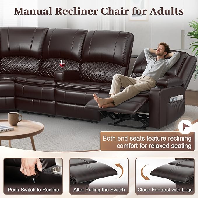 Manual Reclining Sectional Sofa Set, 7 Seats Soft Leather Recliner Corner Sectional Couch, Family-Sized L-Shaped Recliner Couch with USB Charging, Thickened Padding, Sturdy Frame, Brown