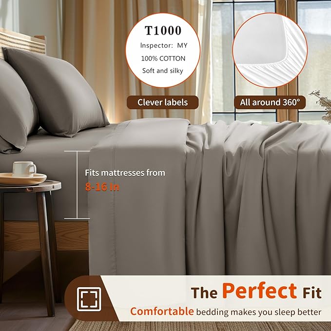 LBRO2M 1000 Thread Count 100% Egyptian Cotton Sheets Set California King Size, 4 Piece Sets Bed Sheet Deep Pocket Sheet Set 16" Soft Comfortable All Season (California King, Taupe)