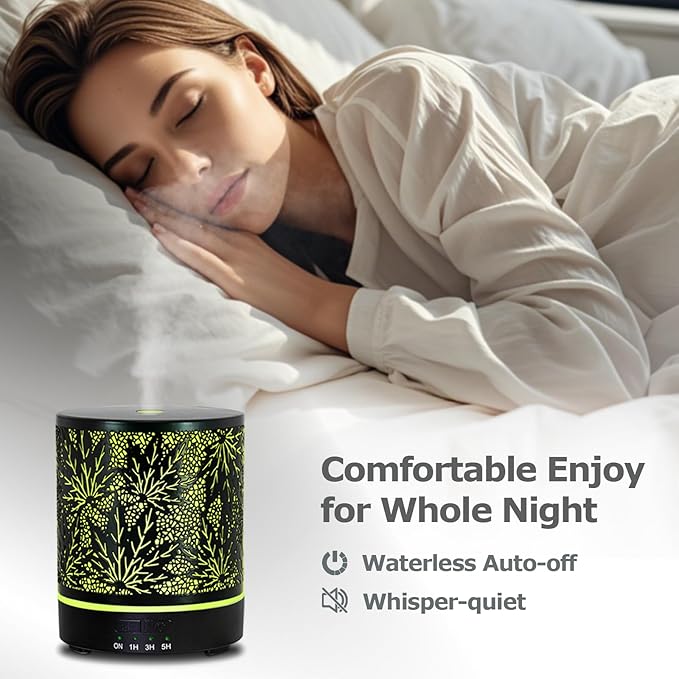 Essential Oil Diffuser Metal Aromatherapy Oil Diffusers for Large Room,Maple Leaf Pattern Ultrasonic Cool Mist Diffuser with Waterless Auto Shut-Off Protection,for Home Office,300ML