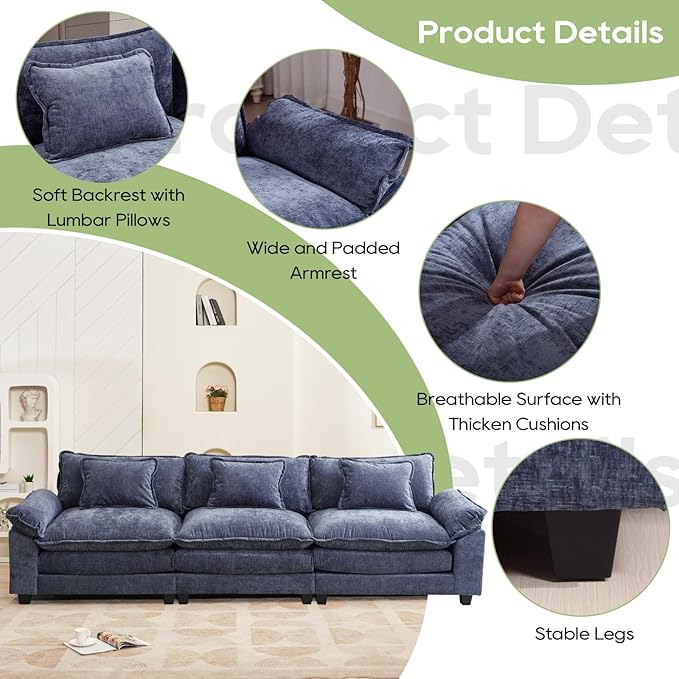 120" Modular Sectional Sofa, Comfy Cloud Couch Sectional, Chenille Sofa Sleeper Deep Seat Sofa with Throw Pillows for Living Room (Blue, 120"- 3 Seater)