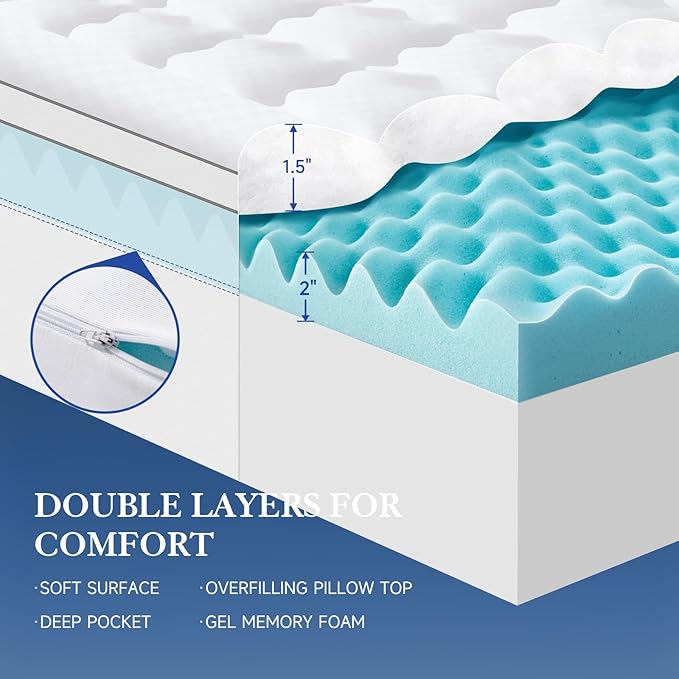 Choc chick 3.5 Inch Memory Foam Mattress Topper Twin, Dual Layer 2 Inch Gel Egg Crate Memory Foam Plus 1.5 Inch Down Alternative Pillow Top Mattress Pad, Support for Back Pain