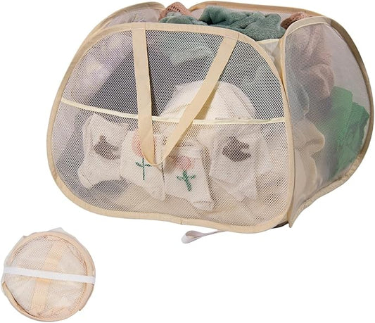 Collapsible Laundry Basket, 90L Foldable Pop-up Laundry Hamper with Handles, Square Mesh Dirty Clothes Hamper for Laundry, Bathroom, Kids Room, Dorm,Travel or Camping (Beige)