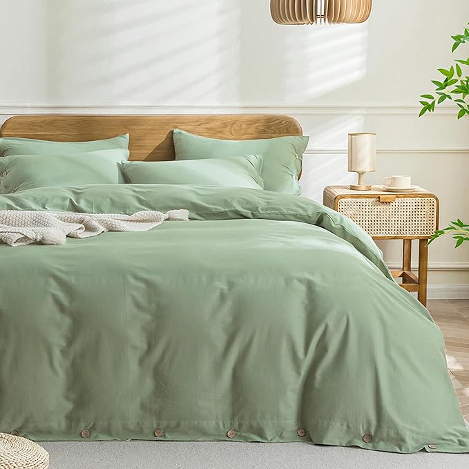 JELLYMONI Cotton Duvet Cover Queen Size - Light Green Comforter Cover with Button 100% Washed Cotton 3PCS Breathable Soft Solid Bedding Set Duvet Cover 90×90in & 2 Pillowcases (NO Comforter)