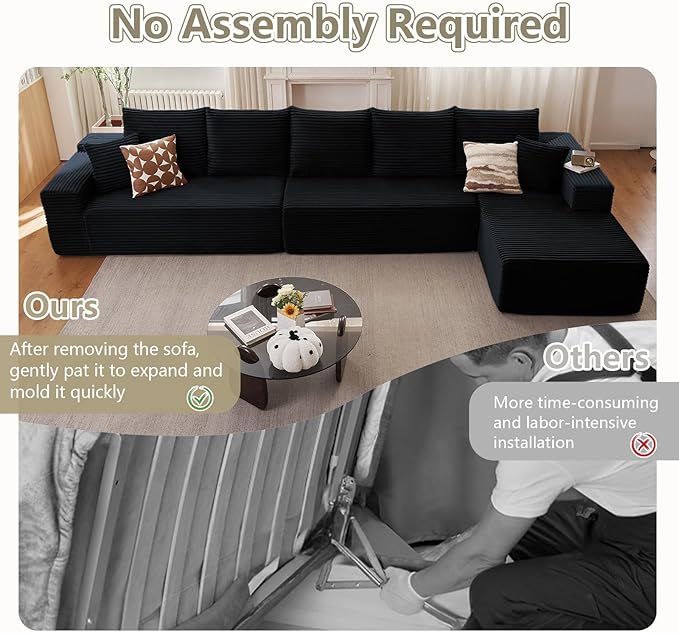 166.9" Cloud Sectional Couch with L-Shape Chaise, Upholstered Corduroy Couches Sleeper with Deep Seat, Modern Modular Comfy Sofa Chaise Longue for Living Room Bedroom, No Assembly Required, Black