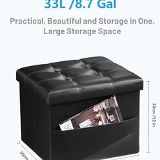 AmasSmile Storage Ottoman Folding Foot Rest Stool with Side Pocket, 16 inch Leather Footstool Bench, Short Ottoman Bench, Storage Foot Rest Store, Books, Black