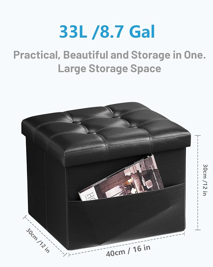 AmasSmile Storage Ottoman Folding Foot Rest Stool with Side Pocket, 16 inch Leather Footstool Bench, Short Ottoman Bench, Storage Foot Rest Store, Books, Black