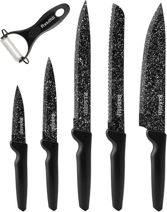 Knife Set, 6 Pieces Kitchen Knives Set with Anti-Rust Coating & Ergonomic Handles, Lightweight, Dishwasher Safe stainless steel Knife, Gift for Kitchen Enthusiasts, Family Chef(Beauty handle)