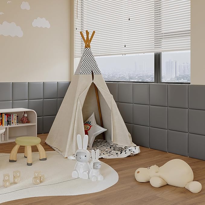 Yutianli 3D Anti-Collision Wall Padding for Kids Peel and Stick Headboard Wall Panels Pack of 10 Sized 11.8"x 11.8" Grey Self-Adhesive Panels for Playroom Bedroom Upholstered Wall