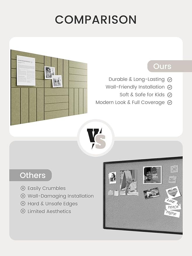 Bumusty Large Cork Board Alternative-36 x24 Felt Bulletin Board Tiles, with 30 Pushpins, 40 Adhesive Tabs, 6-Pack Slat Wall Paneling, Cork Boards for Office Push Pin Board Felt Board-Olive Green