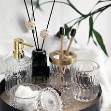 EMPO 6PCS Bathroom Clear Glass Accessories Set (Lotion Soap Dispenser, Soap Dish, Toothbrush Holder, Tumbler, Cotton Swab Jar), Contemporary Modern Decor Crystal Vintage Gift (6pcs Clear)