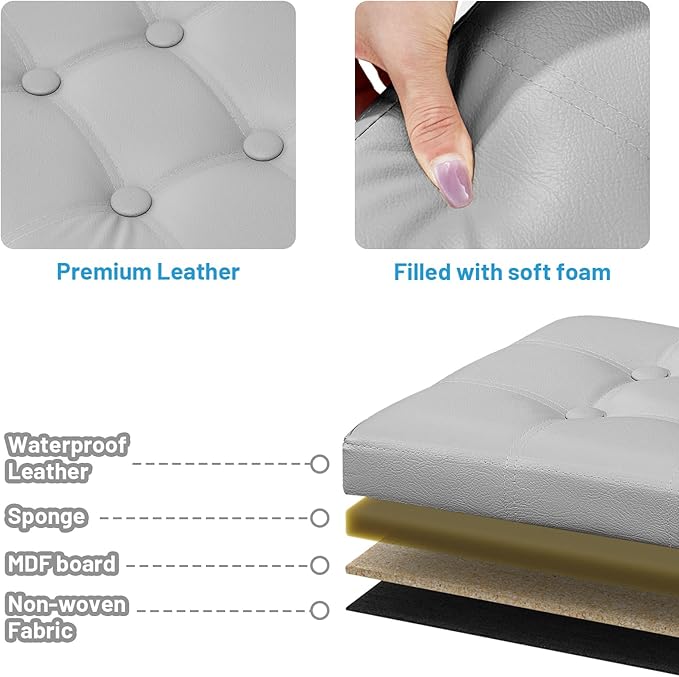 Storage Ottoman Foot Rest Stool, Small Leather Storage Ottomans Bench, Folding Footstool with Side Pockets, Foot Rest Under Desk for Living Room Bedroom, 15x15x15 in, Grey