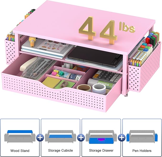 Spacrea Desk Organizer and Accessories, Computer Monitor Stand Riser with Drawer and 2 Pen Holders, Office Desk Accessories & Workspace Organizers for Office Supplies (Pink)