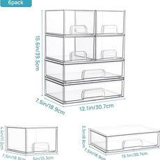 Vtopmart Stackable Storage Drawers Set of 6, Clear Plastic Organizer Bins for Bathroom Supplies,Ideal for Cabinet,Pantry,Laundry Room Organization