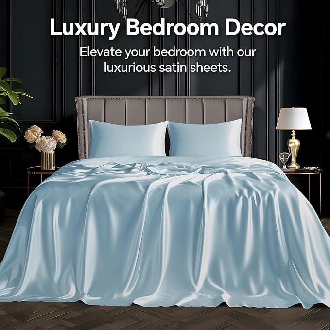 BEDELITE King Size Sheets Set, Luxury Soft Light Blue Satin Sheets for Hair and Skin, Similar to Silk Bed Sheets Set 4 Pieces with 1 Deep Pocket Fitted Sheet, 1 Flat Sheet, and 2 Pillowcases